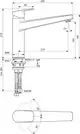 Küchenarmatur von Ideal Standard mit hohem Auslauf und mittiger Anordnung des Hebels, dargestellt in technischem Diagramm mit detaillierten Maßen und Installationshinweisen.